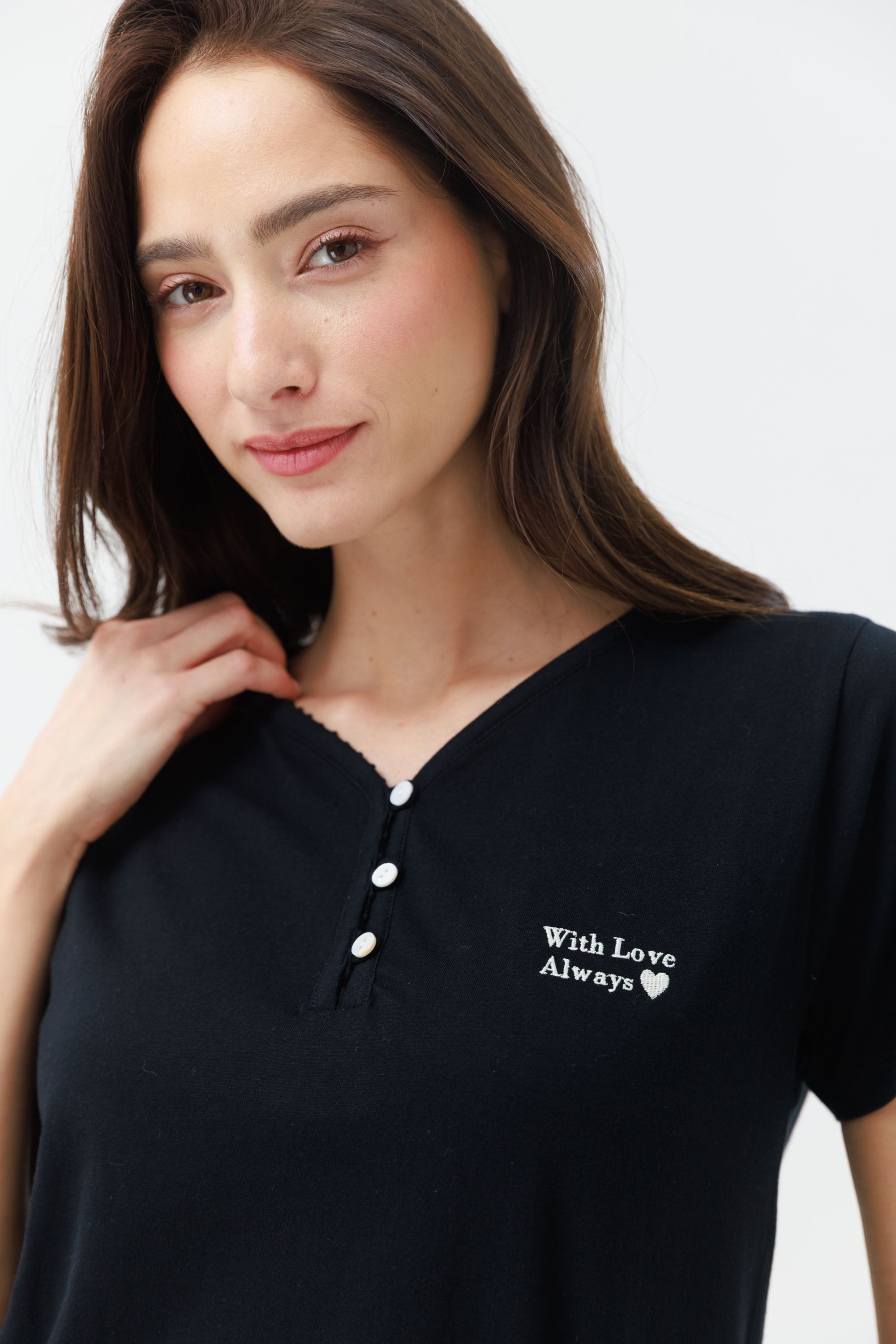 סט פיג'מה קיץ 100% כותנה מכנס ארוך שחור - Image 4